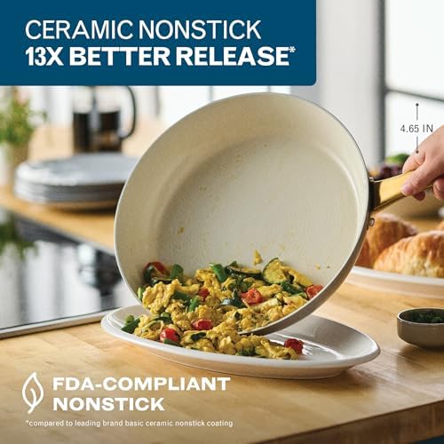 Farberware Forged Induction Ceramic Nonstick Fry Pan/Skillet, Dishwasher Safe, Gold Color Stainless Steel Handle, 12.25 Inch Frying Pan - Taupe