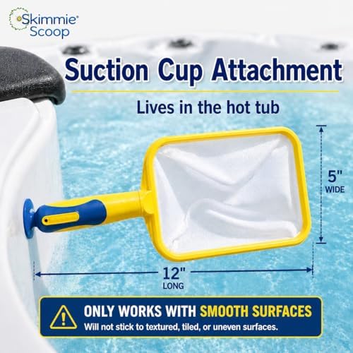 The Skimmie Scoop - Patented Handheld Skimmer with Fine Mesh Net for Spa, Hot Tub, Cold Plunge and Small Pool Cleaning - Lightweight and Durable with Powerful Suction Cup - Clean Out Filter (Yellow)