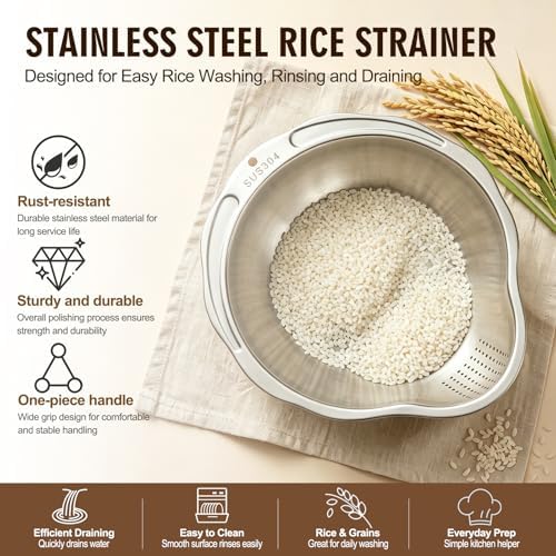 Palksky Rice Strainer & Rice Washing Bowl Stainless Steel - 5.6 Qt Professional Fine Mesh Rice Washer for Kitchen - Heavy Duty Rice Rinser, Cleaner & Drainer Colander for Quinoa, Grains & Fruit