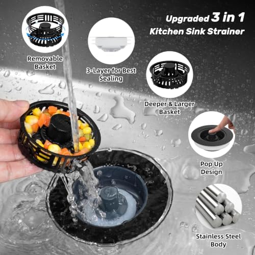 Hibbent 3 in 1 Kitchen Sink Drain Strainer, Metal Pop Up Stopper