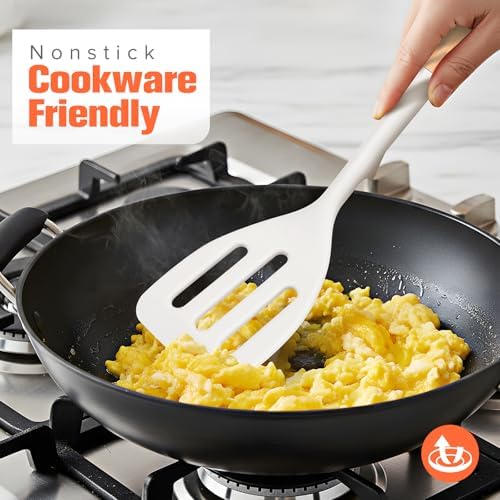 Extra Large Silicone Spatula Turner Set with Wooden Handle (White)