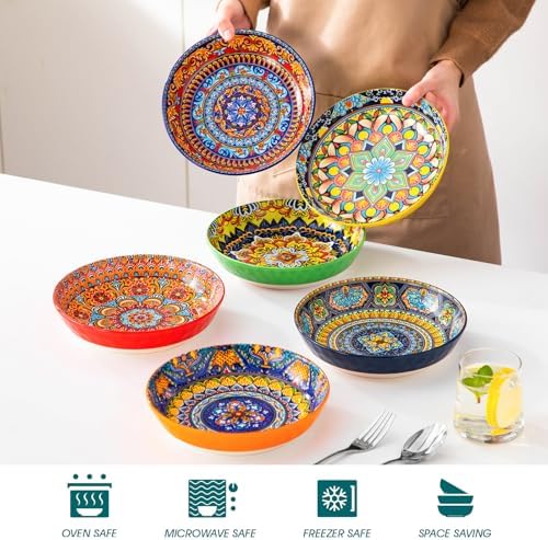 vancasso 32 Oz Pasta Bowls, Porcelain Large Colorful Salad Soup Bowls Set of 6, Pasta Serving Bowls Plates for Kitchen, Dishwasher & Microwave Safe, Series KRVI