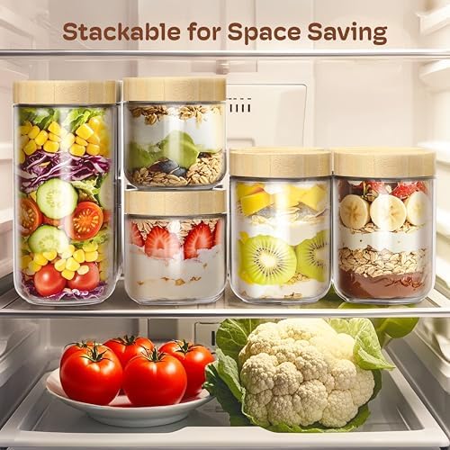 10 oz Overnight Oats Containers with Bamboo Lids, Glass Mason Jars 4 Pack