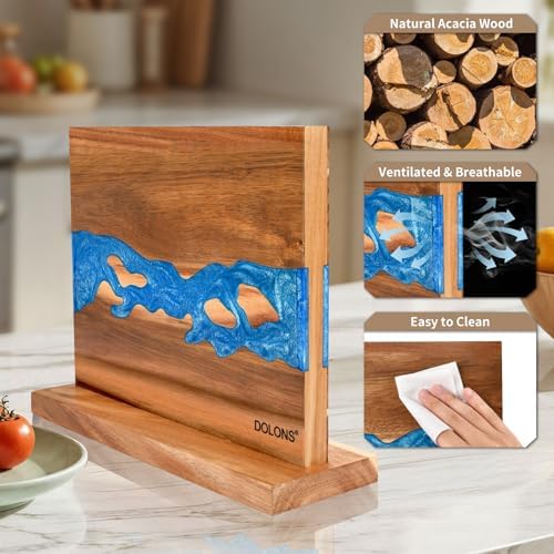 Magnetic Knife Block,Acacia Wood And Resin Kitchen Magnetic Knife Holder，Equipped with strong magnets,Multifunctional Double Side Knife Storage Organizer for Kitchen Counter ，Gifts for new home