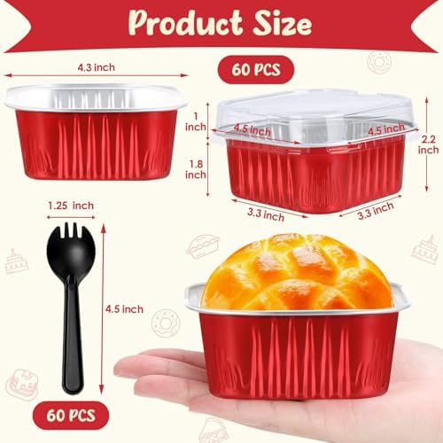 selizo 60 Pack 10oz Mini Disposable Cake Pans with Lids, Aluminum Foil Square Baking Cups, 4.4x4.4 Large Baking Cake Tins Cup Cake Containers with Lids for Individual Cakes