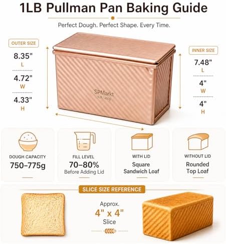 Pullman Loaf Pan with Lid, Aluminized Steel 1 Lb Nonstick Sandwich Bread Pan for Homemade Bread, 8.4x4.8 Inch Professional Rectangular Loaf Pan with Dough Scraper and Cutter