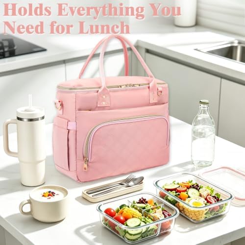 GYEUKHAM Insulated Lunch Bag for Women Men,Extra Large Lunch Box, Leakproof Reusable Cooler Tote for Adult, Everyday Soft Lunch Tote Bag for Work College Picnic Travel,Pink