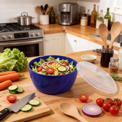 4-Piece Classic Plastic Prep Bowls with Lids, Nesting Plastic Small Mixing Bowl Set for Mixing, Baking, Prepping, Cooking and Serving Food, Microwave and Dishwasher Safe (Blue)