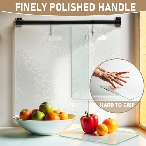 3 Pack Glass Cutting Boards for Kitchen Counter, Clear Tempered Glass Cutting Board Set with Handle (16"x12" & 12"x8" & 9"x6"), Scratch Resistant, Dishwasher Safe, Non-toxic, Easy to Clean