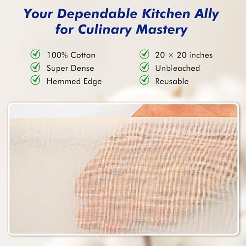 4 PCS Reusable Cheesecloth, Grade 100, 20x20 Inch Hemmed Cheese Cloth for Straining Craft, 100% Cotton Unbleached Cloth Strainer for Cooking, Baking, Juicing, Cheese Making