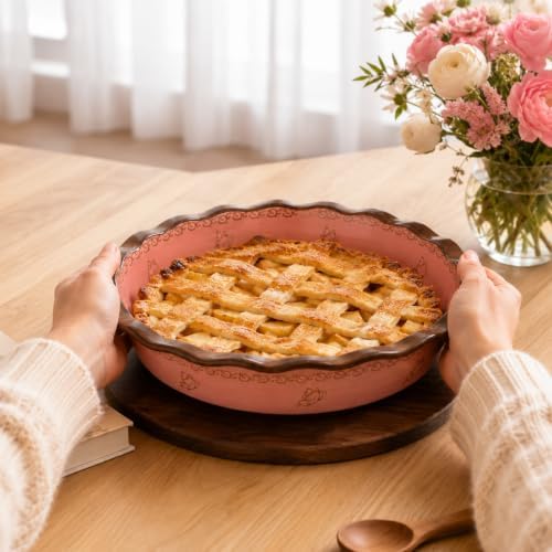 Ceramic Pie Pan for Baking, 10.6 inch Hand-Painted Pie Plate for Cooking, 37 oz Deep Dish Pie Pans, Non-Stick Pie Dishes for Apple Pie, Tart, Pizza, Quiche, Oven & Dishwasher Safe, Lead-Free, Pink