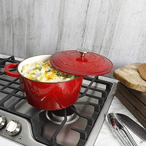 Crock Pot Artisan 5-Quart Round Enameled Cast Iron Dutch Oven – Red, Durable Heavy-Duty Cookware for Slow Cooking, Roasting, Baking with Lid