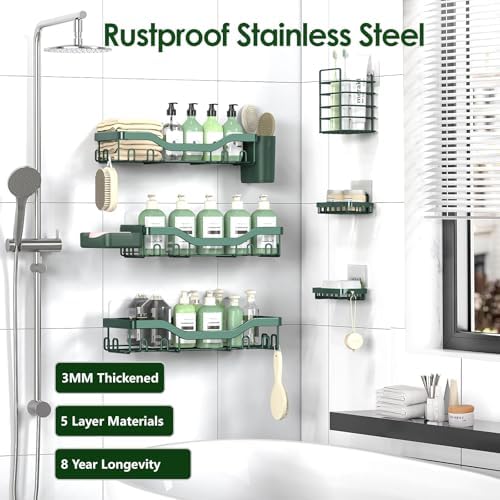 NESOMI Shower Caddy Adhesive Shower Organizer 8-Pack, Rustproof Stainless Steel Bathroom Shelves, Large Capacity No-Drill Rack Storage Accessories with Soap Dish Toothbrush Holder Hooks