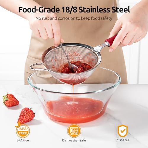 U-Taste Fine Mesh Strainer, 18/8 Stainless Steel Sieve 30 Mesh, M/Red