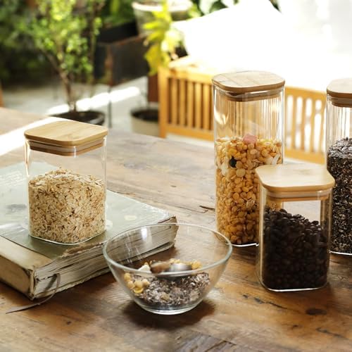 LIBWYS 16-Pack Square Glass Storage Jars with Bamboo Lids (0.6Qt/1.06Qt)