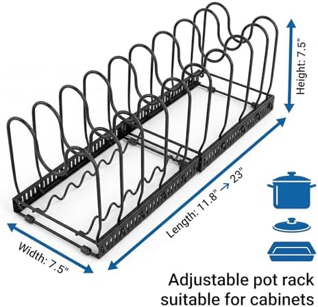 Expandable Pots and Pans Organizer for Cabinet – Heavy Duty Carbon Steel Pot & Pan Rack with 10 Adjustable Dividers, Wave Slot Cookware Holder for Pans, Lids, Bakeware, Countertop or Under Sink, Black