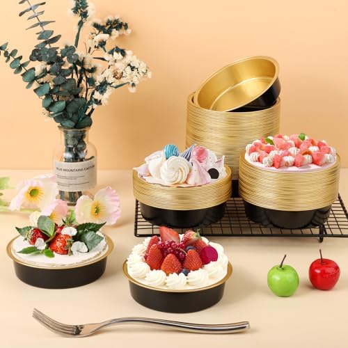 Beasea Aluminum Ramekins 100 Pack, 4" 7.3oz 215ml Disposable Baking Foil Cups Mini Ramekin No Lids Cupcake Aluminum Baking Cups for Party - Black Gold