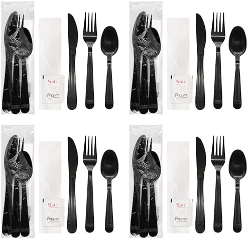 Party Essentials Individually Wrapped Plastic Cutlery Packets/Heavy Duty Silverware Kits, Fork/Spoon/Knife/Napkin/Salt/Pepper, 50 Utensils Sets, Black (Pack of 4)