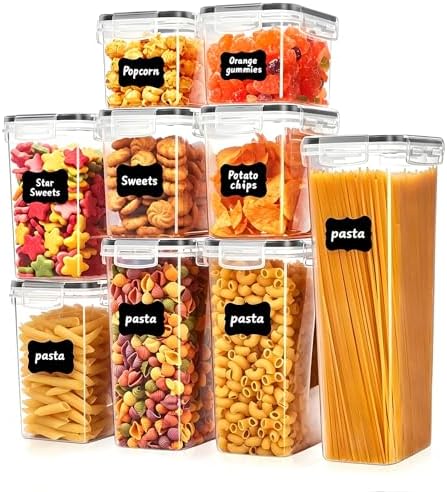 9 PCS Airtight Food Storage Containers with Lids, Plastic Kitchen and Organization Canisters for Cereal, Dry Food, Flour and Sugar, BPA-Free, PVC-Free, Includes Labels & Marker