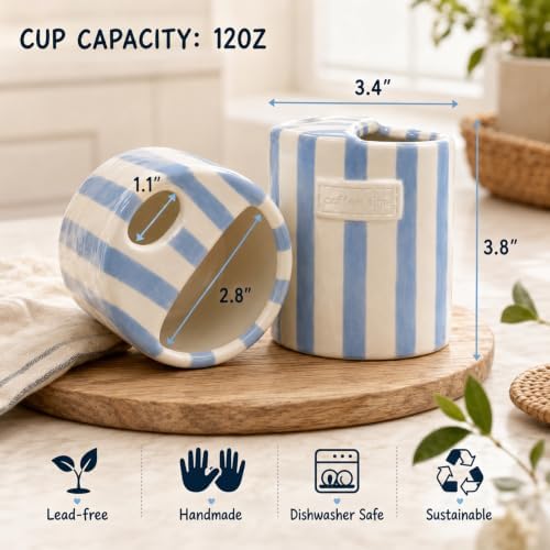 Ceramic Coffee Mug with Sip Hole 12oz, To Go Ceramic Mug Striped