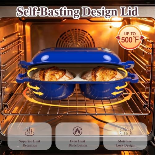Umite Chef Mini Double Dutch Oven for Sourdough Bread Baking - Enameled Cast Iron Dutch Oven Pot with Lid and 5" Banneton Bread Proofing Basket Kit, Dual Round Bread Loaf Pan for Bread Baking (Blue)