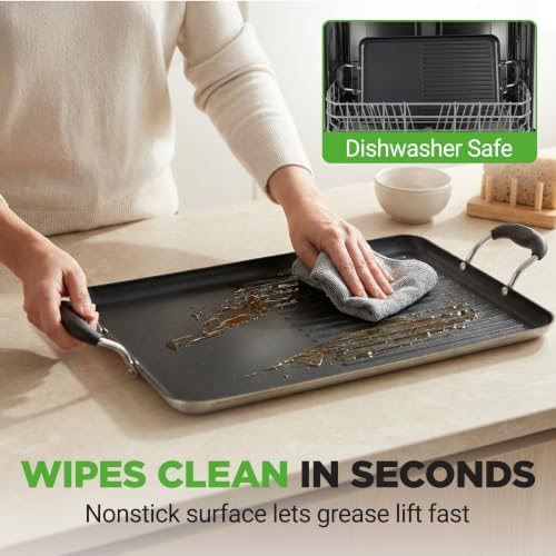 NutriChef 24" Stove Top Griddle Pan, Nonstick Double Burner Grill & Griddle Combo, Ridged & Flat Surfaces, Suitable for Frying & Searing, Cool-Touch Handles, Easy to Clean, Black