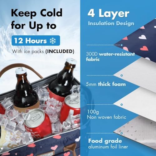 Lekesky Insulated Lunch Bag Portable Lunch Bag for Work-15L, Hearts Print