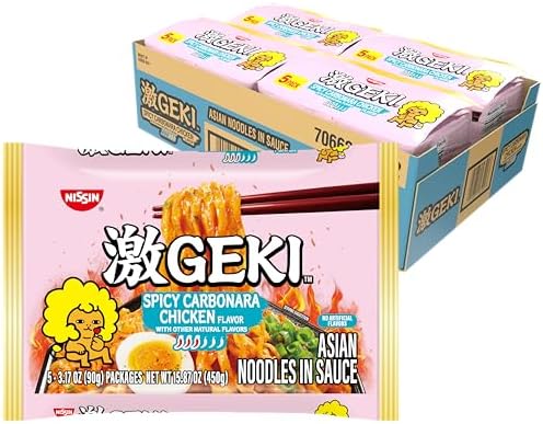 Nissin Geki Chili Infused Asian Noodles, Spicy Carbonara Chicken (Pack of 20)