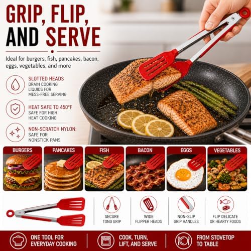 HIC Kitchen Slotted Flipper Tongs, Heat-Safe, Stainless Steel with BPA-Free Nylon, Set of 2