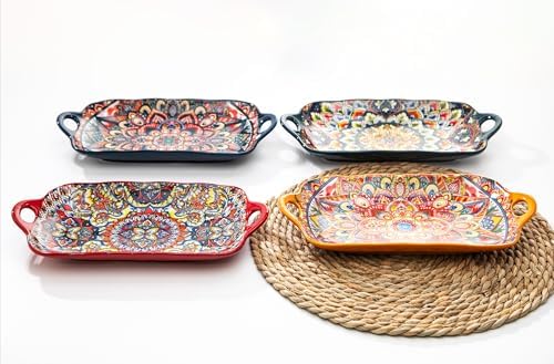 Boho Ceramic Serving Platters with Handles Set of 4, 12Inch Large Serving Dishes for Entertaining, Colorful Cute Porcelain Serving Plates for Sandwich, Appetizer, Fruit, Microwave Oven Safe Mix-color