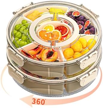 Small Divided Serving Tray with Lid and Handle, Stackable Snackle Box Container for Fruits Candy Organizer, Portable Spinning Rounded Veggie Tray for Kitchen, Party, Trave and Picnic-2 Pack