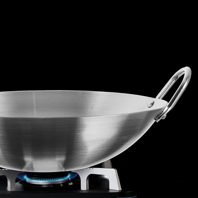Tofficu Stainless Steel Wok 12 Inch Double Handle Round Bottom Frying Pan for Stir Fry Cooking Chinese Kitchen Use