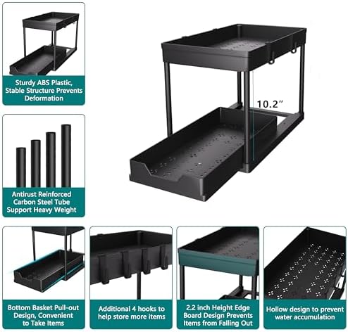 DEKAVA Under Sink Organizer 2 Pack, Bathroom Cabinet Organizer, 2 Tier Sliding Cabinet Basket Organizer Drawer, Multi-Purpose Bath Collection Baskets for Bathroom (Black)
