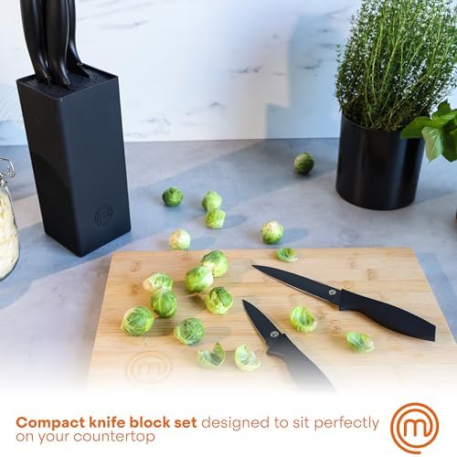 MasterChef Knife Set with Block, 7pc Kitchen Knives Set with Holder, Black