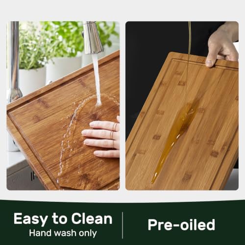 Kikcoin 20”×14” Deep-Carbonized Bamboo Cutting Boards for Kitchen, Healthy Wooden Cutting Boards for Kitchen, Charcuterie, Vegetables, Extra Large Chopping Boards with Deep Juice Groove and Handle