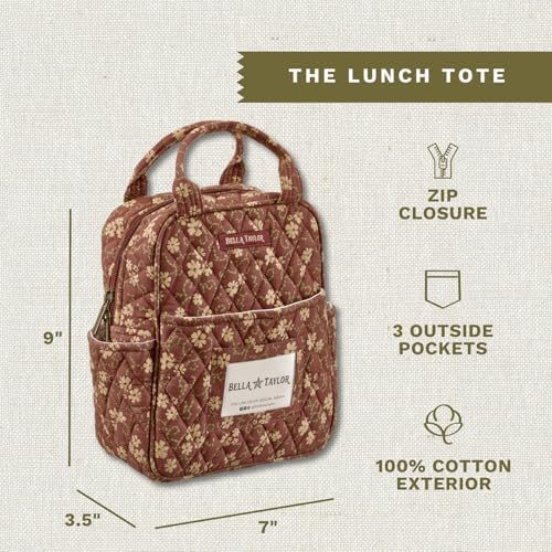 Bella Taylor Lunch Tote, Quilted Lunch Bag, Burgundy Floral
