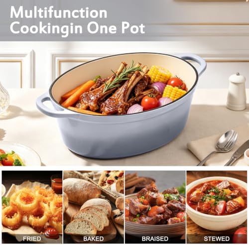 Enameled Oval Dutch Oven Pot with Lid, 7 QT Cast Iron Dutch Oven with Dual Handles for Cooking, Bread Baking, Frying, Non-stick Enamel Coated Oven (Grey)