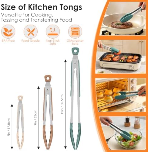 HOTEC Stainless Steel Kitchen Tongs with Silicone Tips, Set of 3-7",9" &12"