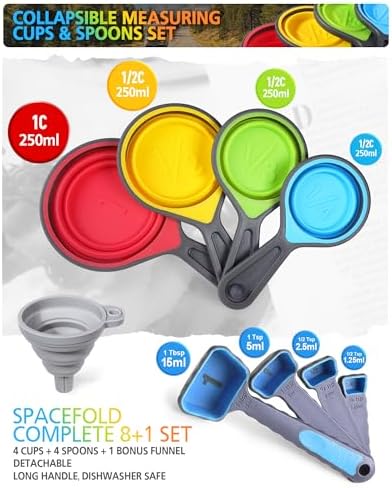 Collapsible Measuring Cups and Spoons Set with Funnel, 9-Piece, Silicone