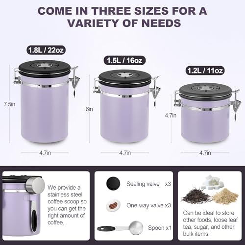 ShanSon Coffee Canister Airtight, Stainless Steel Bean Storage Container with Date Tracker & Scoop, Grounds Sugar Flour Tea Cereal Fits Kitchen Pantry, Ideal Gift for Coffee Lovers,12oz, Purple
