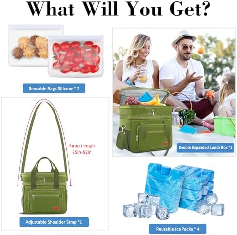 Coobiiya Insulated Lunch Box for Men & Women, Leakproof Lunch Bag Cooler Bag with 4 Pockets,Heavy Duty Lunch Bags Men Cooler Bags for Camping, Travel, Work Kayaking & Beach