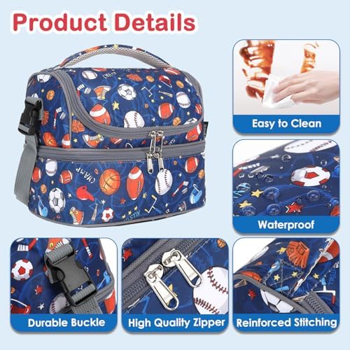FlowFly Double Decker Cooler Insulated Lunch Bag Large Tote for Boys, Girls, Men, Women, With Adjustable Strap, Football