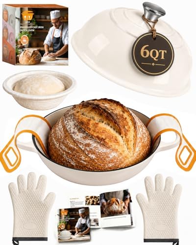 AHJ 6QT Dutch Oven For Bread Baking, Enameled Cast Iron Dutch Oven Pot with Lid, Multi-Functional Bread pan, Sourdough Baking Supplies with Proofing Basket, Cast Iron Bread Oven, Silicone Sling & Gloves.