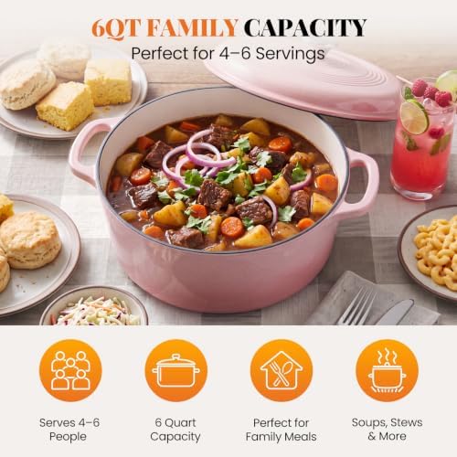 Sweetcrispy 6 Qt Enameled Cast Iron Dutch Oven Pot with Lid, Pink