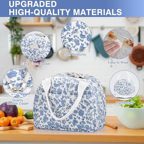 TESAFNG Lunch Bag - Insulated Lunch Box for Women, Reusable Large Capacity Cooler Bag for Adult, Small Leakproof Cute Corduroy Lunch Tote for Work Office Travel Picnic (Corduroy Light Blue-Flower)