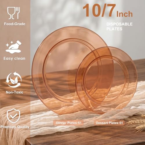 I00000 102 Pcs Amber Plastic Plates, Clear Brown Plastic Plates Disposable