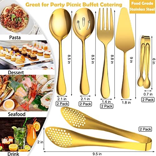 11 PCS Serving Utensils, Large Stainless Steel Spoons Forks Tongs, Pie Server, Great for Hostess Buffet Catering Banquet Party, Gold
