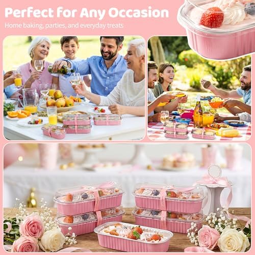 100 Pack Mini Loaf Pans with Lids and Spoons, 6.8oz Mini Cake Pans for Baking, Disposable Rectangle Aluminum Foil Small Loaf Baking Pans Cake Tins, Individual Small Cake Containers with Sticker, Pink