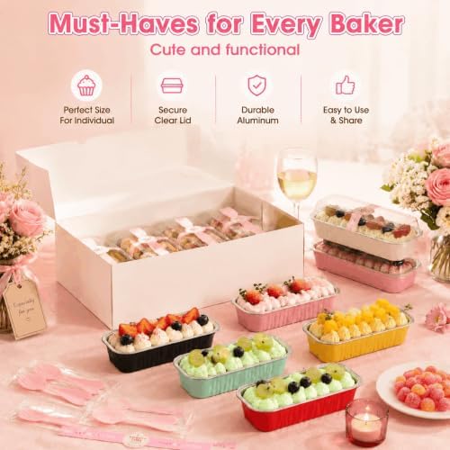 100 Pack Mini Cake Pans with Lids and Spoons, Disposable Aluminum Foil Cake Tins（6.8oz） Mini Loaf Pans with Lids for Party, Wedding, Birthday