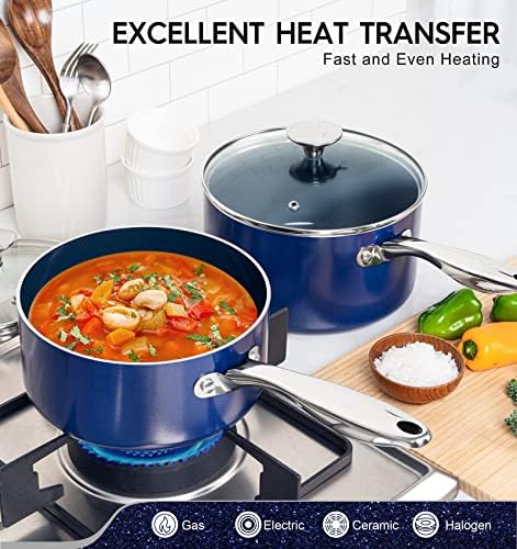 MICHELANGELO 2 Quart Saucepan with Lid, Nonstick Ceramic Sauce Pan with Stainless Steel Handle, 2 Qt Saucepan with Lid Induction Compatible, Oven Safe, Blue